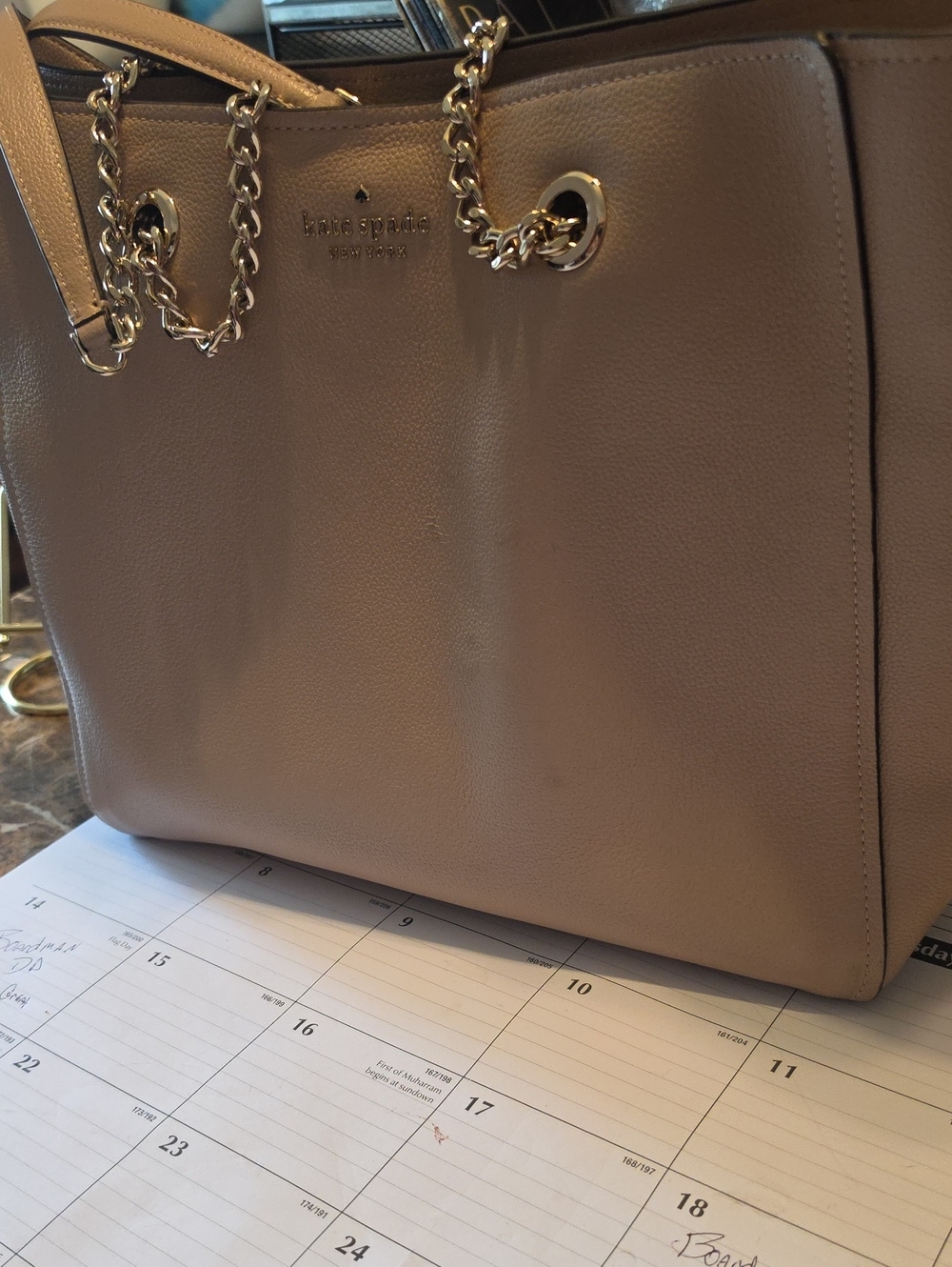 kate spade Neutral Beige Leather Tote with Gold Chain Handles